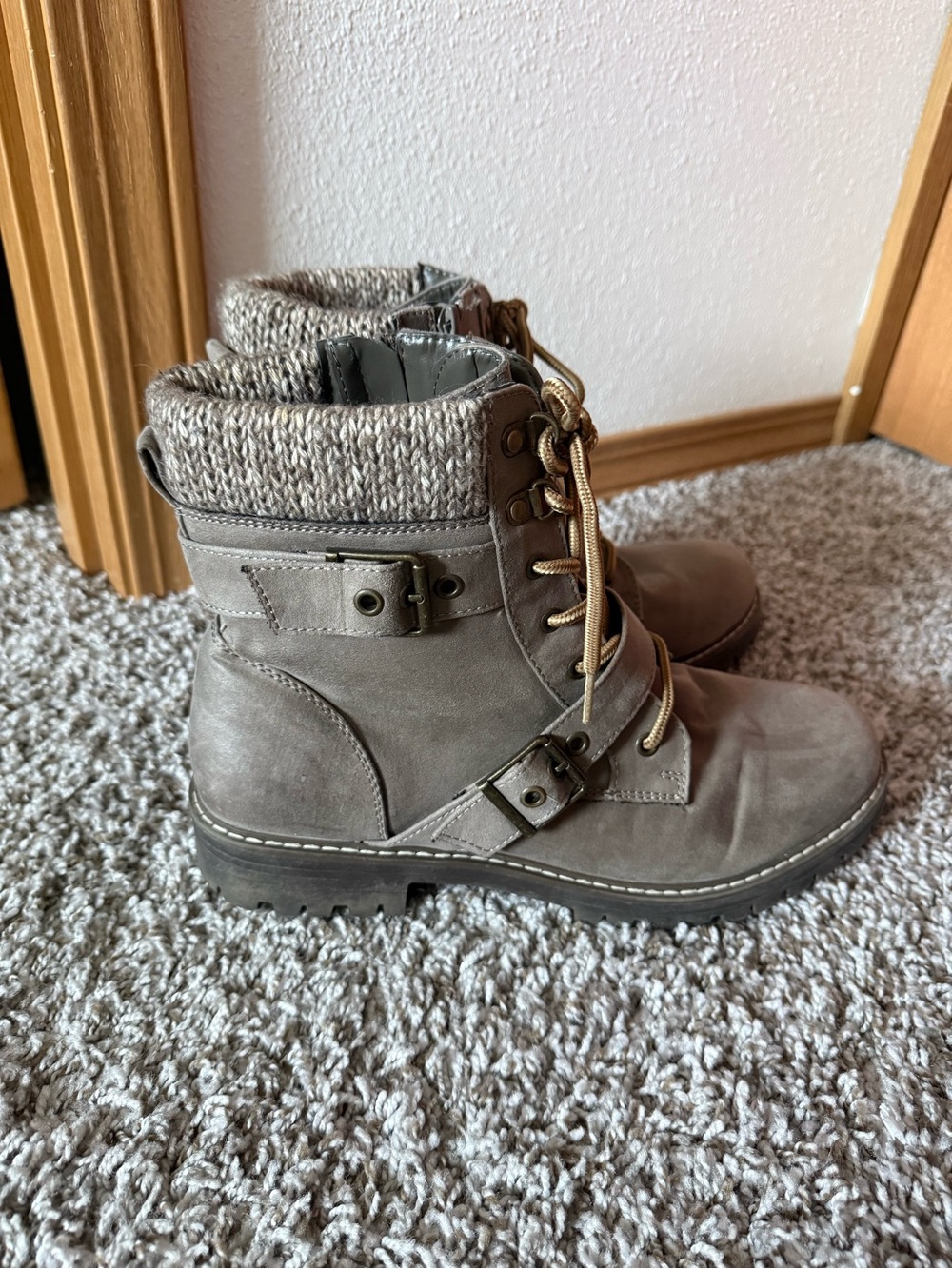 Cliffs by WHITE MOUNTAIN Taupe Knit-Cuff Lace-Up Combat Boots